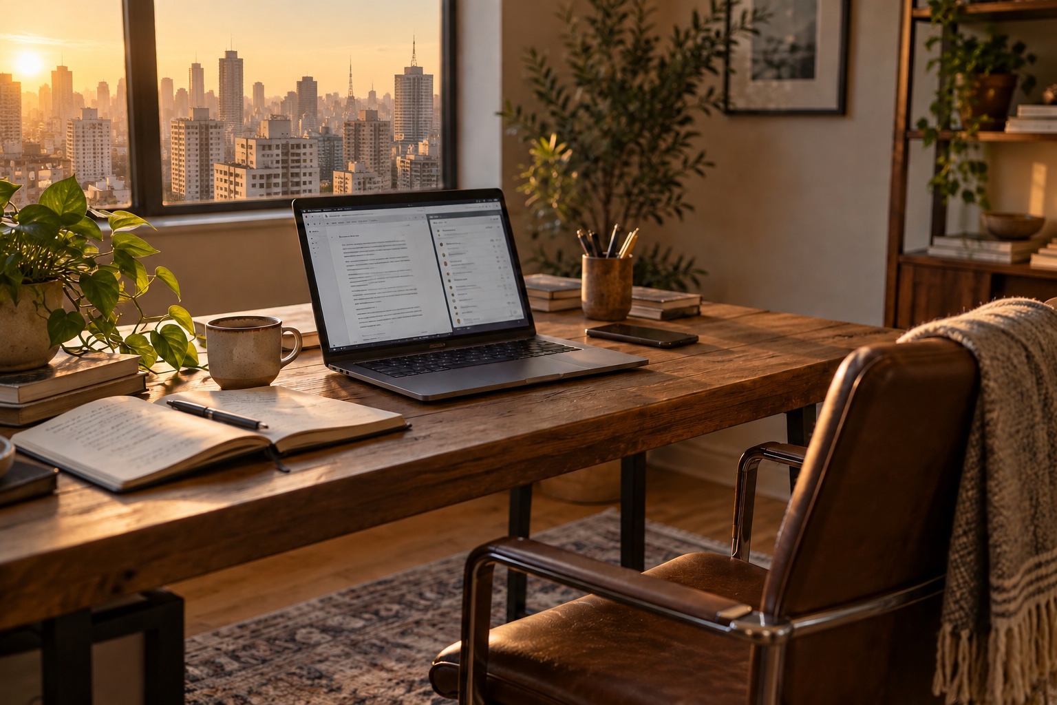 Imagem gerada por IA de uma mesa com notebook aberto, caderno, café e cadeira vazia à luz do fim da tarde
