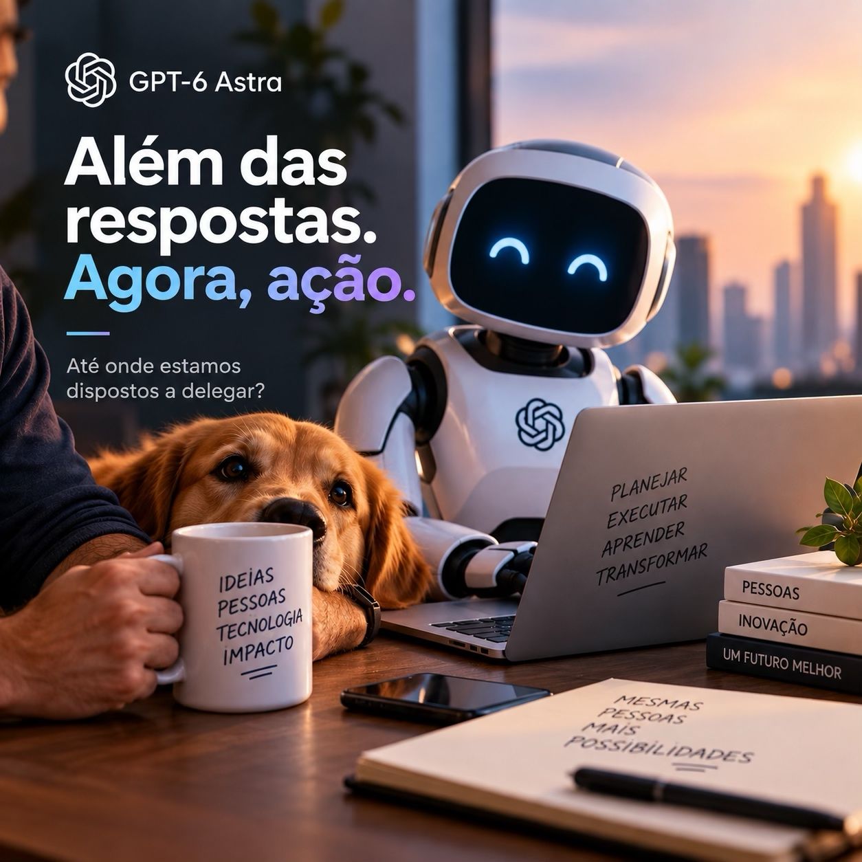 Illustration of a robot, a dog, and a person at a desk, with the Portuguese message: Beyond answers. Now, action.